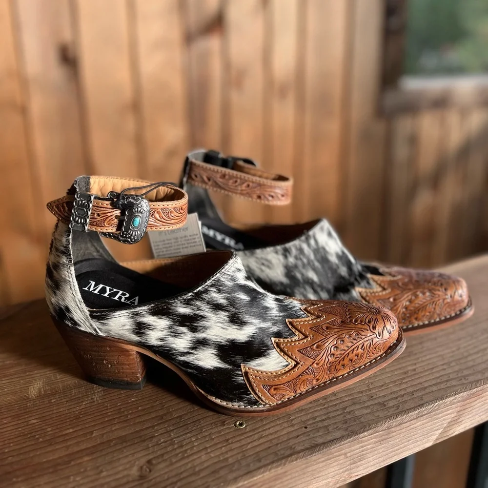 New Hand-Tooled Leather  strap Genuine Hide-On Women Bootie Boot Boho Western - Picture 5 of 11